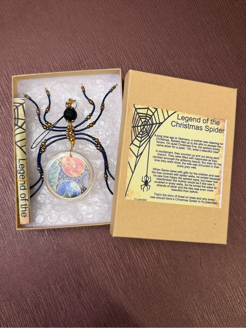 Beaded Spider Ornament with Serenity Prayer Coin - Blue & Gold